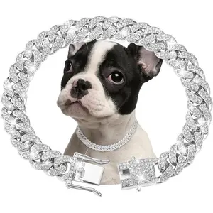 FENGCO Silver 16 Inch Cuban Link Dog Collar 13mm Wide Sparkly Zirconia Diamond HipHop Style for Small Medium Large Dogs Cats Elegant Pet Accessory