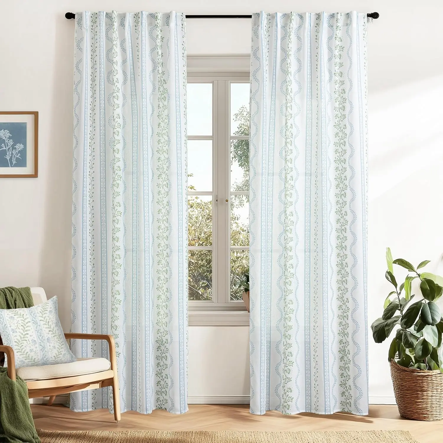 Light Blue Green Floral Vintage Curtains, Cute Whimsical Shabby Chic Curtain for Living Room Bedroom, Block Print Pattern Linen Sheer French Country Cottage Core Curtains