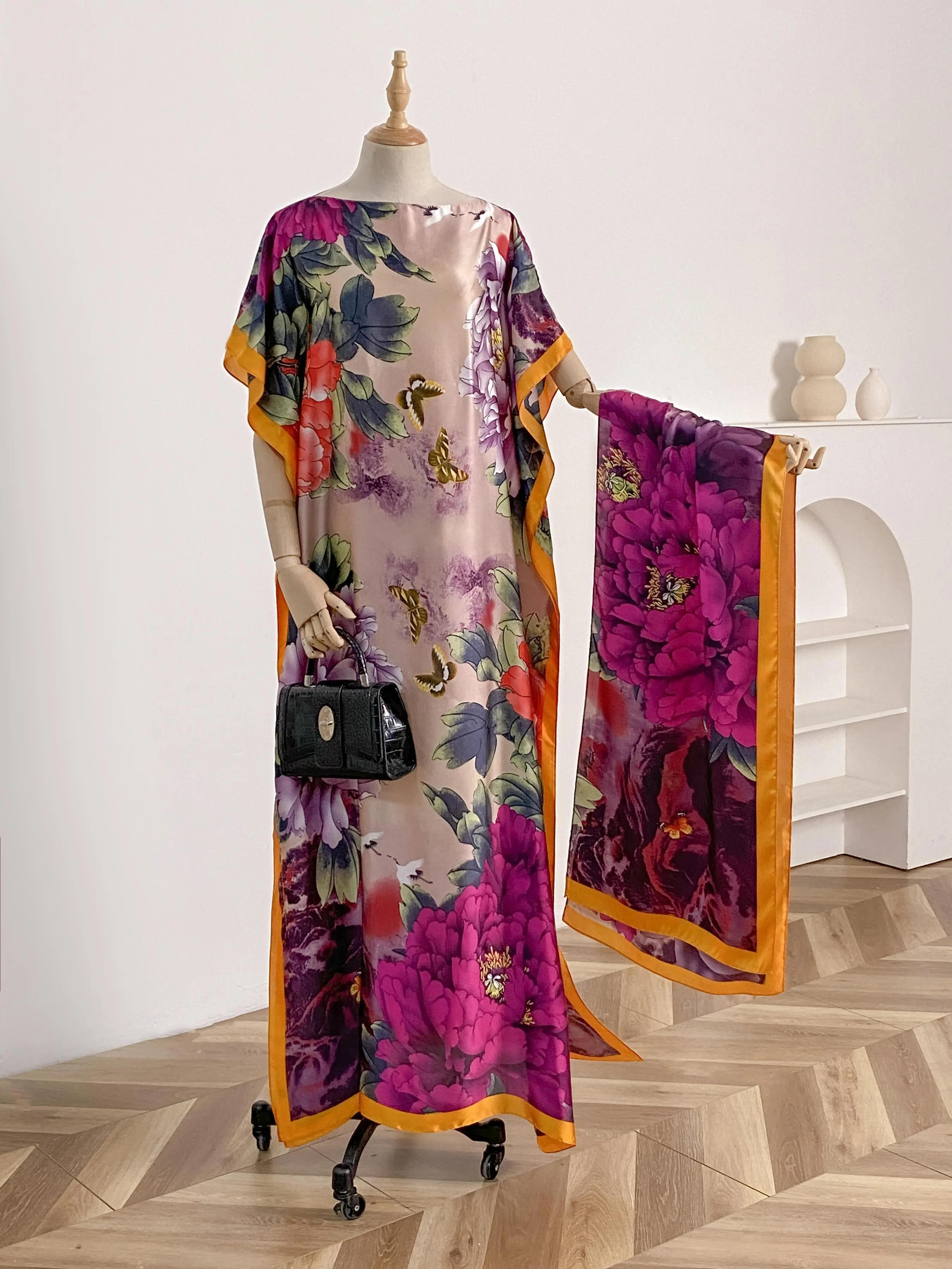 Women's Floral Print Long Robe & Shawl Set, Beach Swimsuit Cover, Elegant Casual Long Sleeve Open Front Kimono & Scarf Set for Beach Vacation, Fashion Accessories for Women, Swimwear Coverups, Beachwear Cover Up