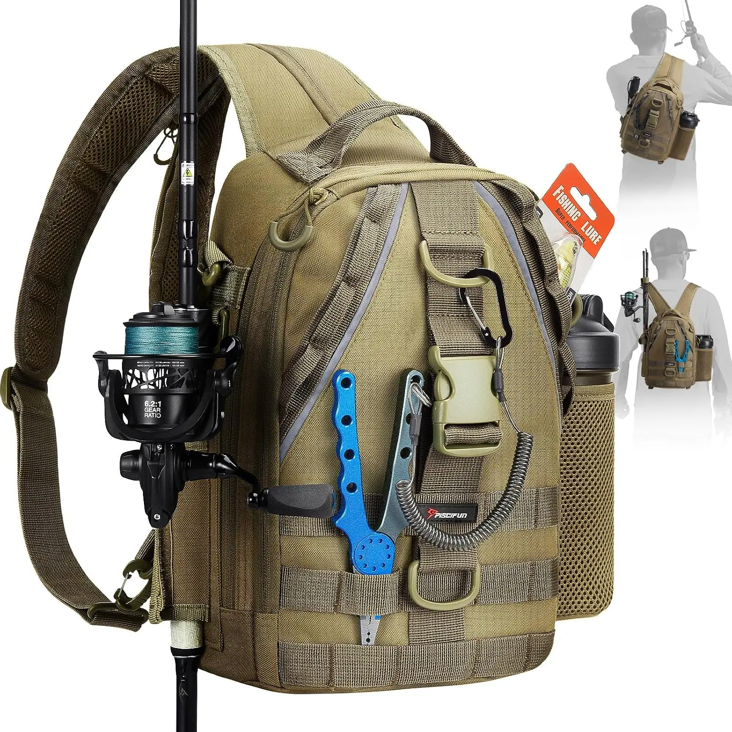 Piscifun Fishing Backpack, Rod Holders, Lightweight Sling Bag | Fits 2x3600 trays, bottle pocket, MOLLE loops, 4-way carry for short bank fishing trips