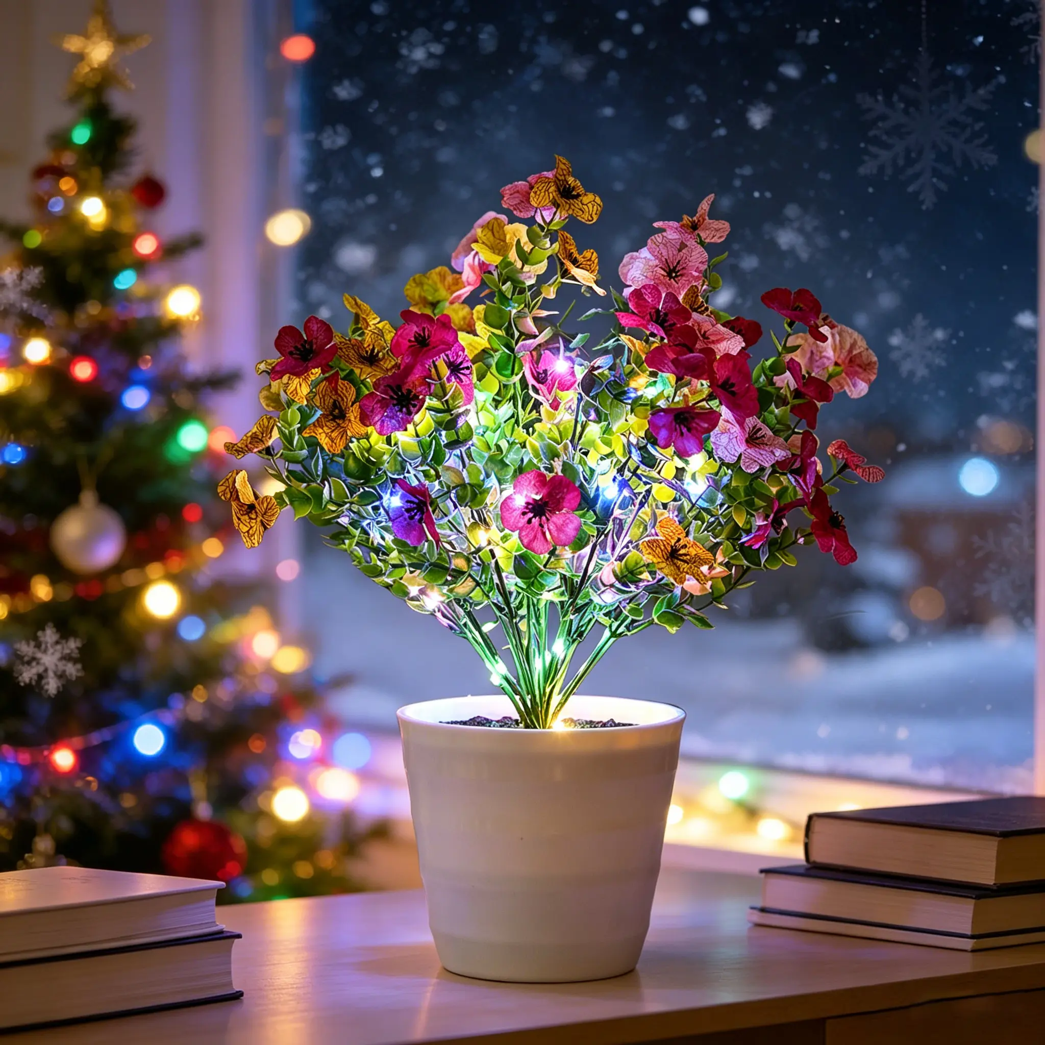 Multicolor Flower LED Lamp - Battery-Operated Artificial Potted Plant with Color Changing Cozy Lighting, Silk Cloth Decor, Contemporary Shabby Chic Valentine's Day Gift for Women, Decorative Lighting for Bedroom Nightstand & Coffee Shop
