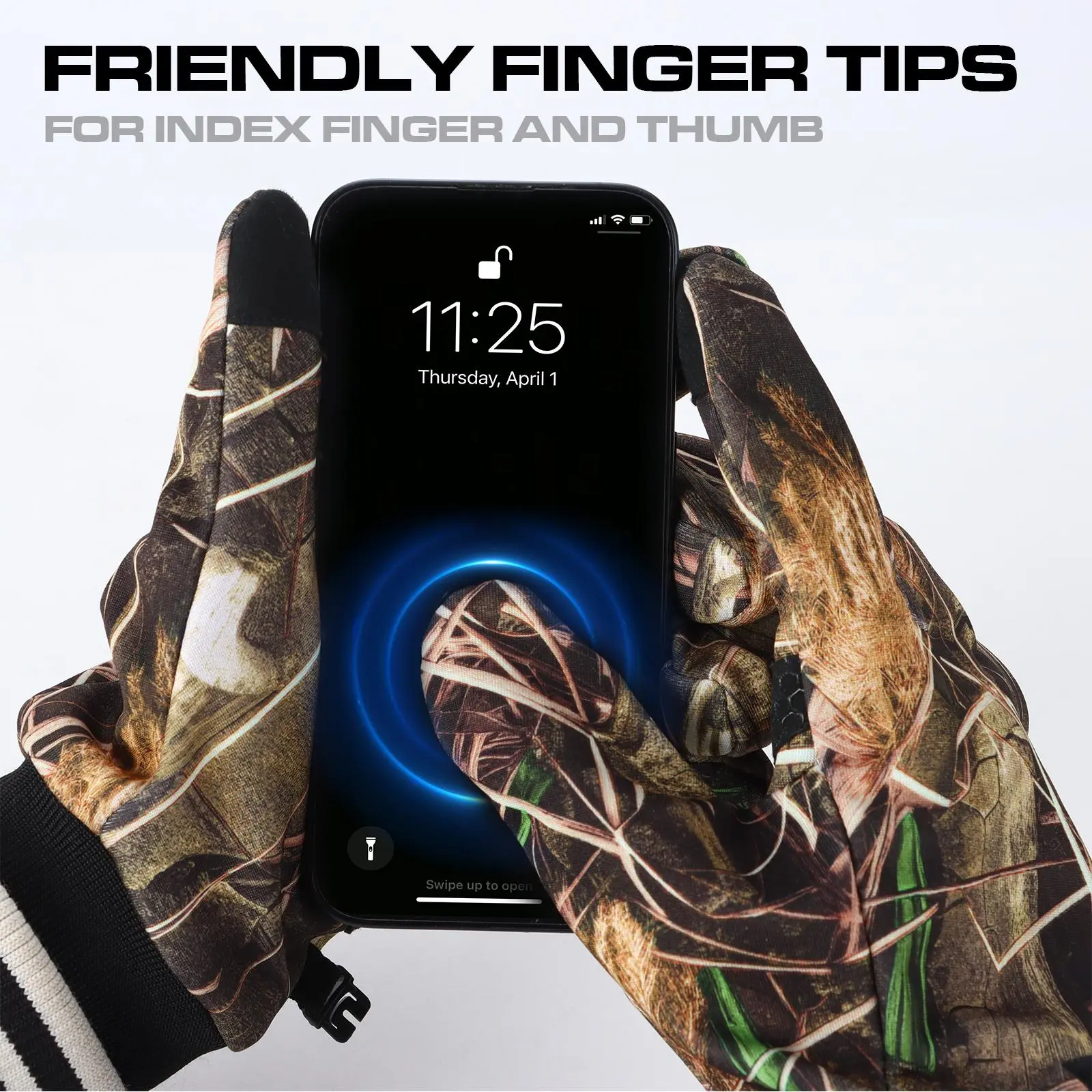 8 Fans Camouflage Hunting Gloves, Anti-Slip Full-Finger Gloves,Hunting/Fishing Outdoor, Polyester, Elastic Drawstring, Handwear, Touchscreen Compatibility, Waterproof Polyurethane