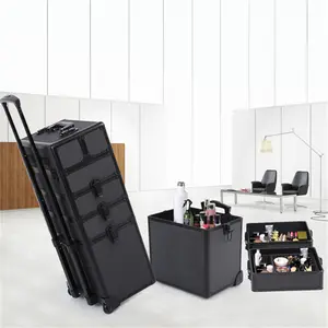 4 in1 Rolling Cosmetic Cases Makeup Trolley Aluminum Beauty Cosmetic Case Makeup box (all black)
