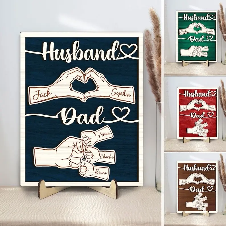Personalized Dad Wooden Plaque, Custom Kid's Name Wooden Sign, Fist Bump Husband Wood Sign, Father's Day Gift For Dad, Husband, Him, custom wooden plaque, Gift for grandpa, Gift from grandkids