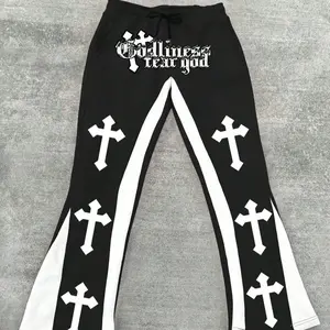 Men's Cross & Letter Print Drawstring Waist Flare Leg Pants, Regular Fit Street Pocket Design Trousers for Daily Wear, Men's Bottoms for All Seasons