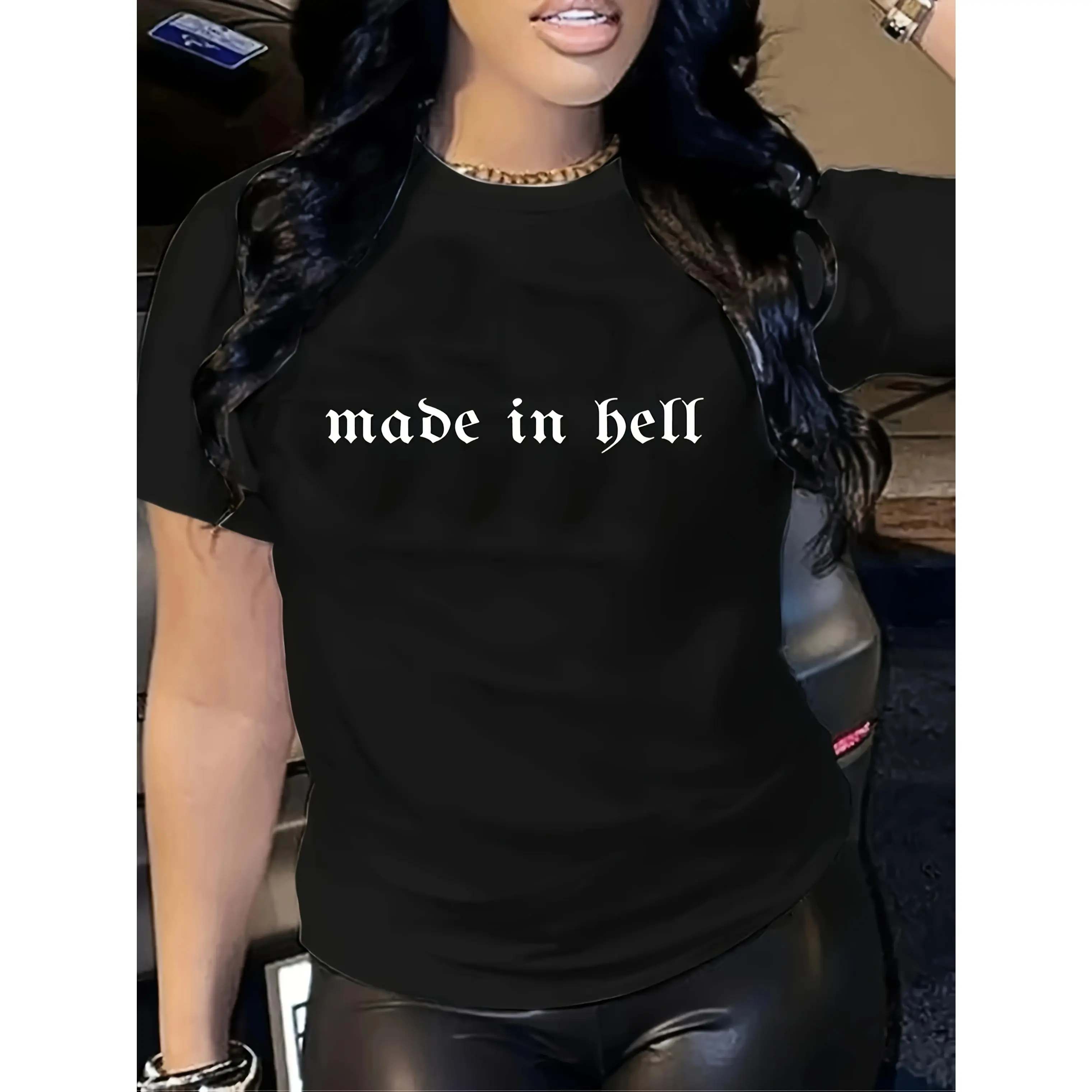 Women's Oversized "Made In Hell" Graphic T-Shirt - Soft Cotton, Short-Sleeve Crewneck, Loose-Fit Streetwear Top for Casual Everyday Use (oversized tshirt women), Shortsleeve, Crew Neck, Round Neck, Cotton Blend