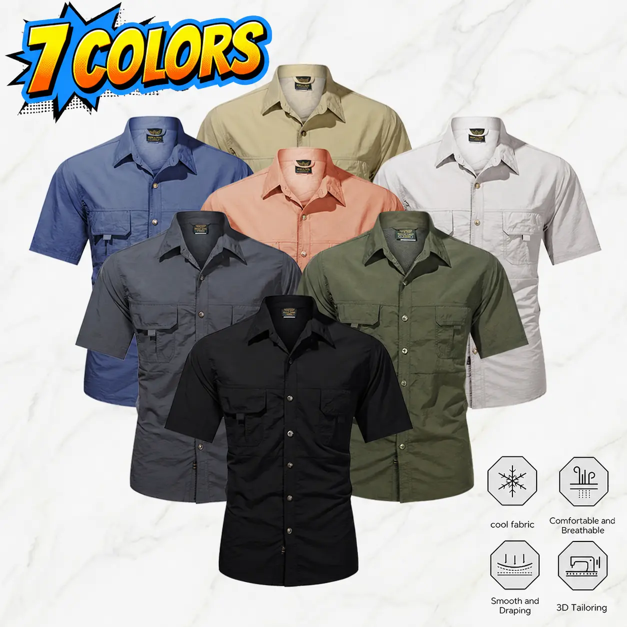Men's Casual Menswear Short-Sleeve Shirt - Lightweight, Quick-Dry, Breathable Nylon, Scratch-Resistant, Large Pockets - Outdoor Hiking, Fishing Apparel.Summervibes