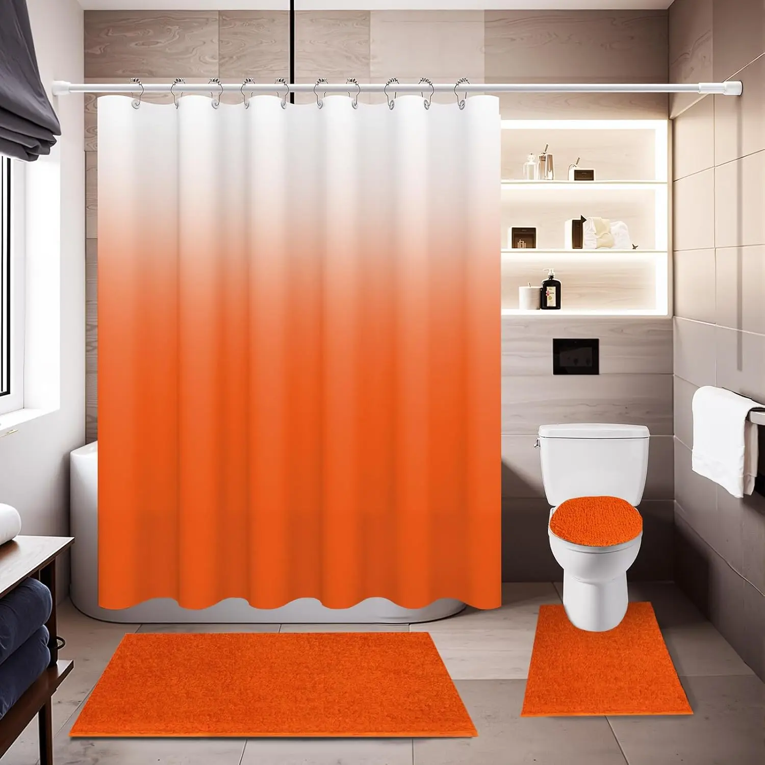 Orange Bathroom Sets with Shower Curtain and Rugs  Shower Curtains x1 Bathroom Rugs x1 Toilet Rug x1 Toilet Lid Cover x1 Luxury Bathroom Decor