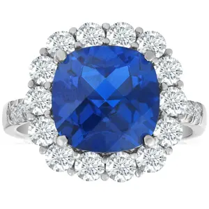 6 1/2 Ct Diamond Halo Created Sapphire Ring 10k White Gold Lab Grown