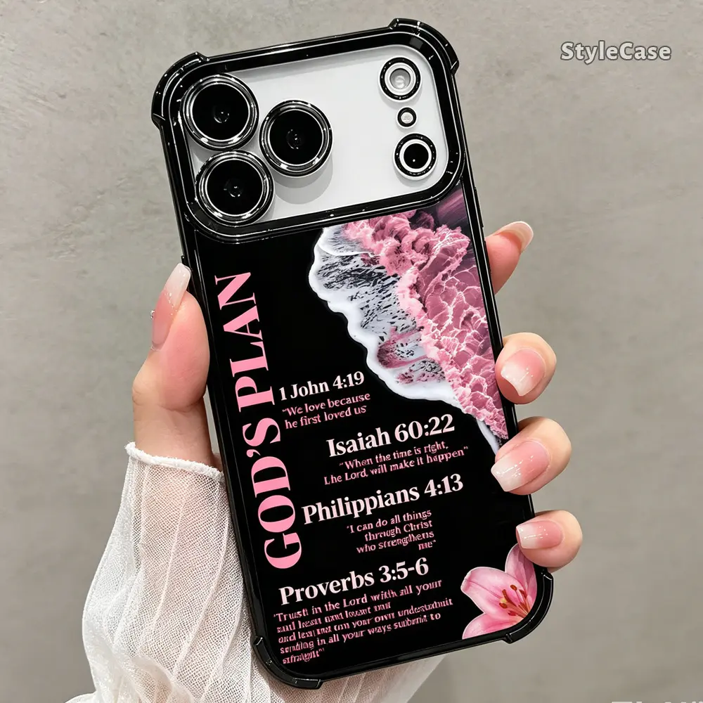 God's Plan Bible Verse phone case for iPhone 17 16 15 14 13 12 11 Pro Max Plus Air, Black TPU Soft cover, Christian Faith Pink Wave Floral Pattern Shockproof Drop-Resistant Camera Protection Gift Idea DDSJ260627018