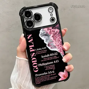 God's Plan Bible Verse phone case for iPhone 17 16 15 14 13 12 11 Pro Max Plus Air, Black TPU Soft cover, Christian Faith Pink Wave Floral Pattern Shockproof Drop-Resistant Camera Protection Gift Idea DDSJ260627018