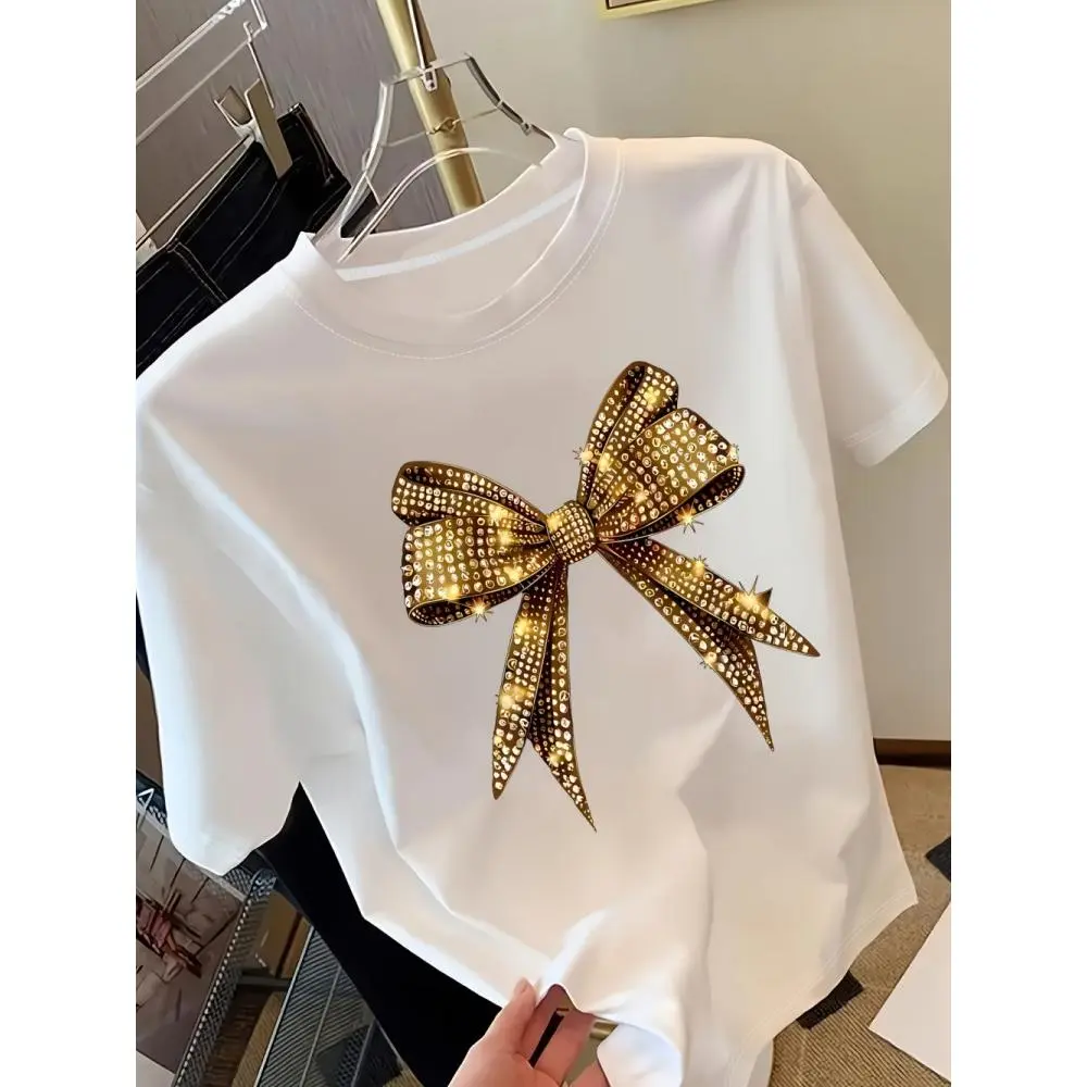 Women's Sequin Rhinestone Bow Graphic T-Shirt, Glam Streetwear Sparkly Shortsleeve Round Neck Top for an Evening Party, Sequins