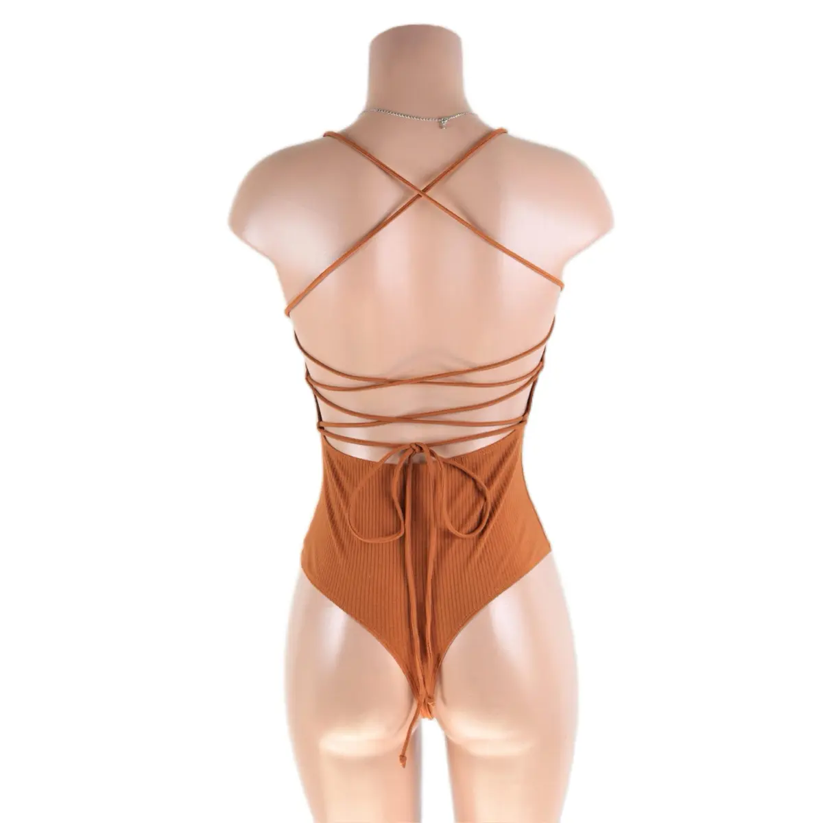 Backless Lace Up Halter Bodysuit for Women - Spandex and Cotton Material Womenswear Tops