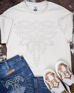 Saddle Trace Rhinestone Boot Stitch Tee in Tan