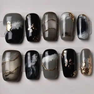 Suminagashi no Yoru "Night of Flowing Ink" B1O37 High-Gloss Black Gel with Smokey Gray Gradients Hand-Brushed White Swirls Metallic Gold Lines and Foil Floral Accents