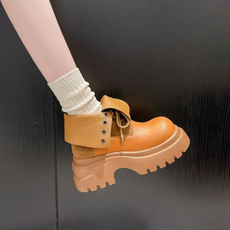 Women's Chunky Cuban Heel Platform Ankle Boots - Formal Round Toe Synthetic Lace-Up Shoes with Non-Slip Rubber Sole, Petite-Friendly Height Increase for Fall Winter, Shoe, Laces, Platform Heel