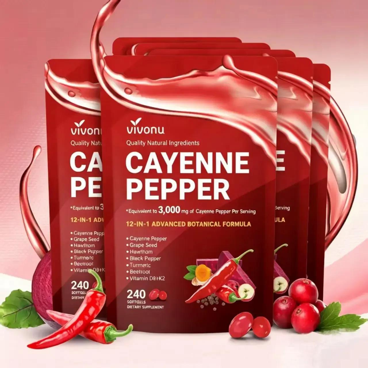 （Flash Sale 4-pack） Cayenne Pepper Softgels Supplement, Supports Leg Vein, Heart and Blood Vessel Health, with Vitamin E D3+K2 and Extracts of Grape Seed, Hawthorn, Beetroot and Others (240 Softge /1 Bag) SummerVibes