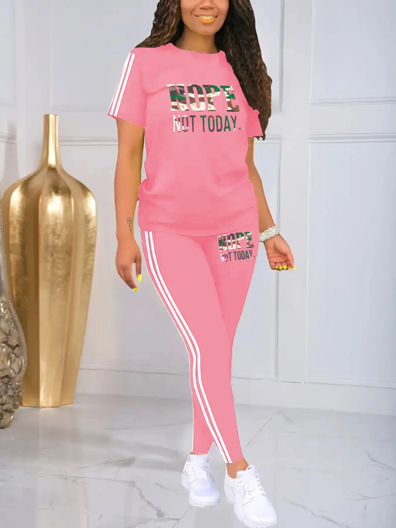 Women's Casual Letter Print Sporty Round Neck Drawstring Short Sleeve Top and Long Pants Two-Piece Set, Fitted Style, Sports Clothing Set, Workout Summer Clothes, Matching Workout Set, Athleisure Outfits, Activewear Set, Athleisure Sportswear Set