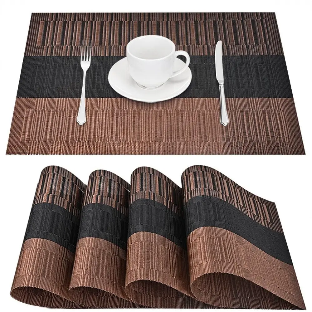 4-Piece Placemats & Coasters Set, Durable Heat-Resistant Woven Vinyl Mats, Non-Slip PVC Tableware, Easy-to-Clean Wipe Dry/Hang Dry Mats That Protects Your Table for Dining & Kitchen (Black + Brown)