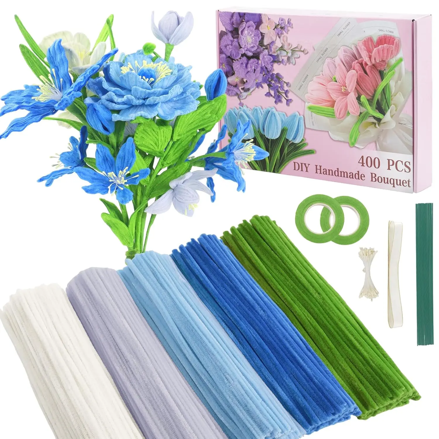 400 count Pipe Cleaners Crafts Set,5 Colors Chenille Stems Creative Craft Pipe Cleaners  for DIY Craft Bouquets,Holiday DecorationsBlue
