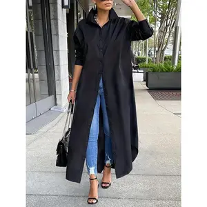 Women's Solid Collared Button Front Long Blouse, Casual Long Sleeve Button Up Shirt, Fashion Women's?Spring & Fall?Top For Daily Wear