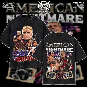 [Octa-X] Cody Rhodes American Nightmare Vintage Washed T-Shirt – WWE Superstar Graphic Tee, WrestleMania Champion Design, Pro Wrestling Fan Shirt, Acid Wash Oversized Streetwear, 90s Retro Cody Rhodes Merch, Wrestling Event Outfit