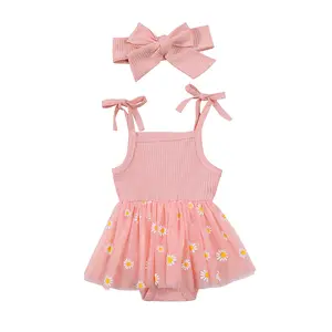 Imcute 2Pcs Baby Girls Summer Outfits, Cute Self Tie Strap Sleeveless Daisy Print Tutu Romper with Headband Set