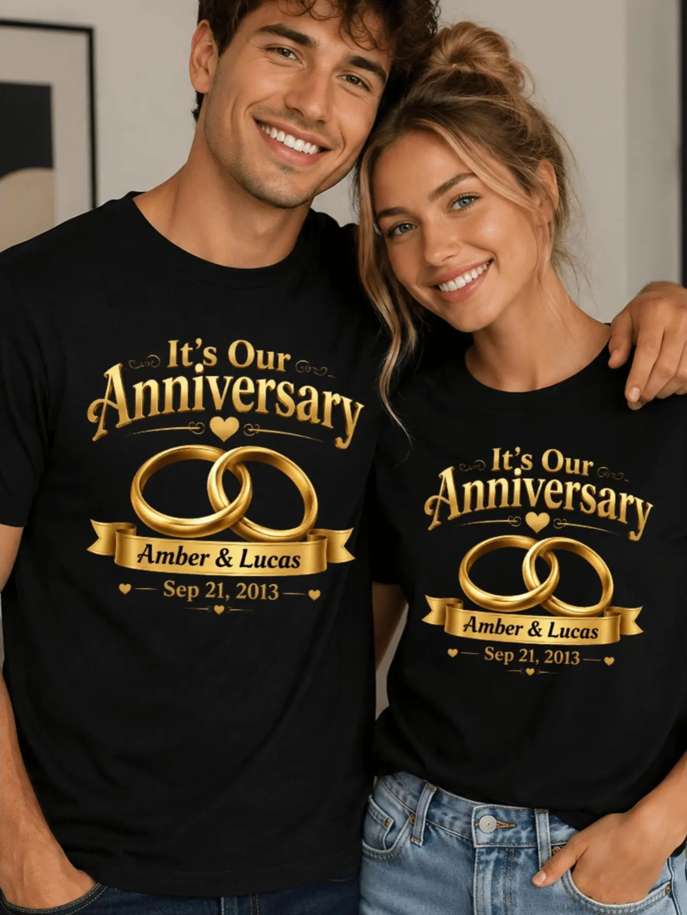 Men's 100% Cotton Crew Neck Short-Sleeve T-Shirt - Customizable with Name & Date, Ideal Romantic Gift for Wedding & Engagement