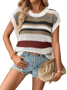SHEER US 2026 Women's Loose Fit Colorblock Striped Sweater Vest Fitted Vneck Chic Cotton & Imitation Cashmere Piece