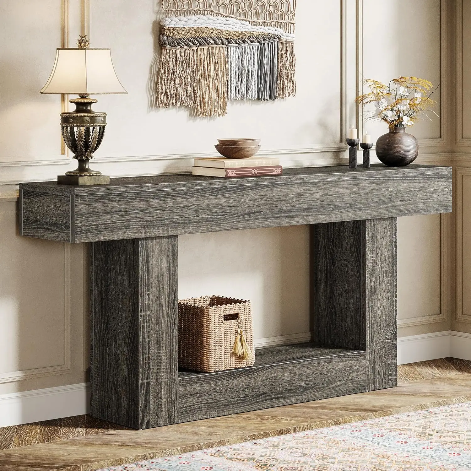 LustreC 63" Console Table, Farmhouse 2-Tier Entryway Table with U-Shaped Base, Narrow Long Wood Sofa Table Behind Couch Table for Living Room, Hallway, Foyer,