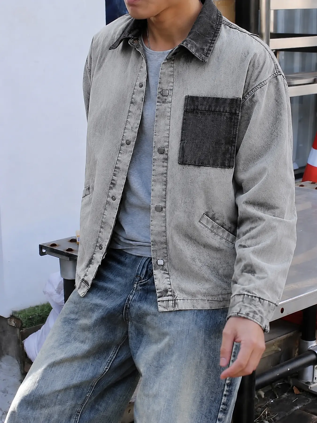 Men Shirt Jacket with Snap Button Closure and Chest Pocket, Textured Overshirt for Workwear Street Style Layering and Campus Casual Outfits