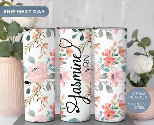 Floral Nurse Tumbler, Personalized Flower Travel Mug for Nurses, RN Tumbler Cup, Custom Tumbler for Medical Student