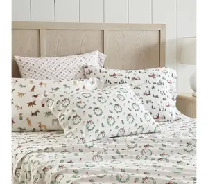 Martha Stewart Holiday Bows White/Red Flannel Queen Sheet Set