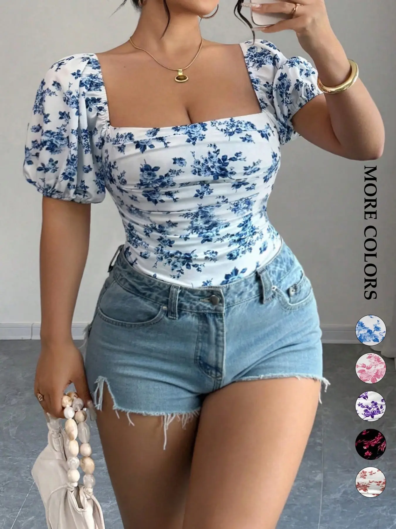 Women's Plus Size Ruched Top Bodycon Fitted Top Floral Print Square Neck Puff Sleeve Slim Fit T-Shirts Blouse Feminine Casual Summer Coquette Romantic Outfits Trendy Soft Summer Top