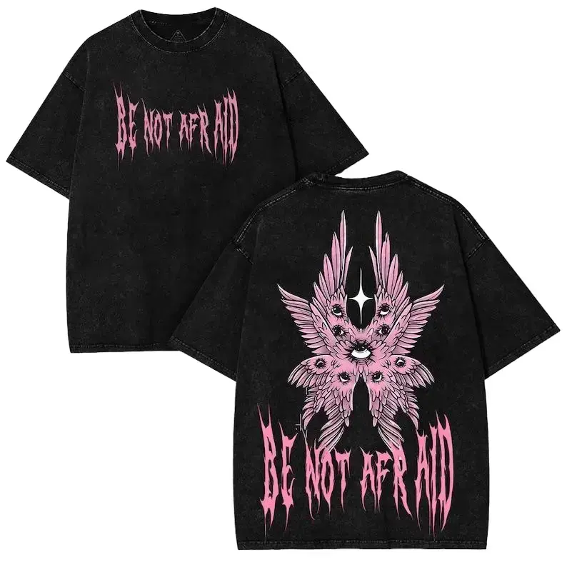 Vintage Washed Black Gothic T Shirt Women Be Not Afraid Pink Seraphim Angel Wings Graphic Tee Y2K Alt Streetwear Oversized Plus Size Dark Aesthetic Goth Top Edgy Grunge Harajuku Clothing Gift For Her