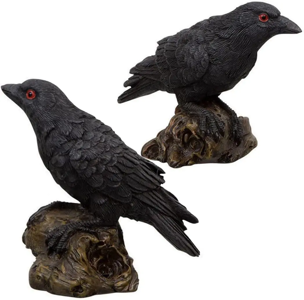 2PCS Resin Fake Crow Raven Statue Black Bird Model Halloween Decor Crow Decor