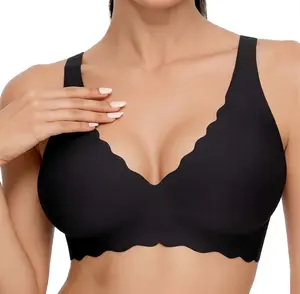 Women's Seamless Plus Bra Wireless Support Push Up Jelly Bra Comfort Full Coverage Plus Size Bras V Neck Sleep T-Shirt Everyday Bralettes-MM