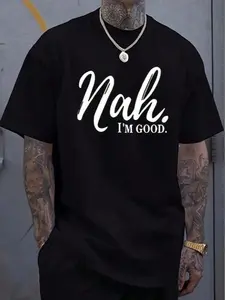 Men Funny Text Graphic T Shirt Round Neck Short Sleeve Lightweight Everyday Wear