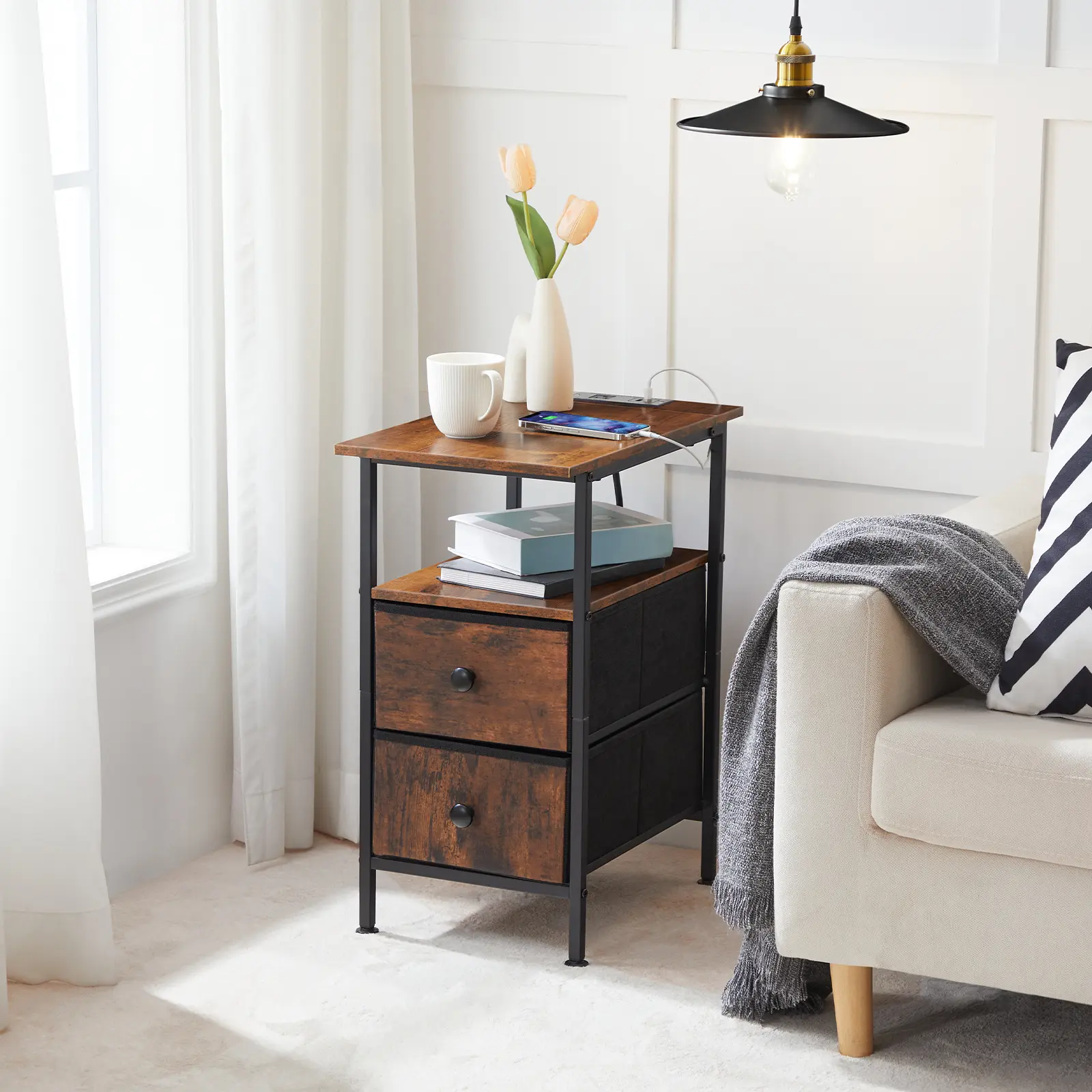 HOOBRO End Table with Charging Station, Narrow Side Table, Nightstand with 2 Non-Woven Drawers, Slim Sofa Side Table, for Small Spaces, Living Room, Bedroom, Rustic Brown and Black #SummerVibes