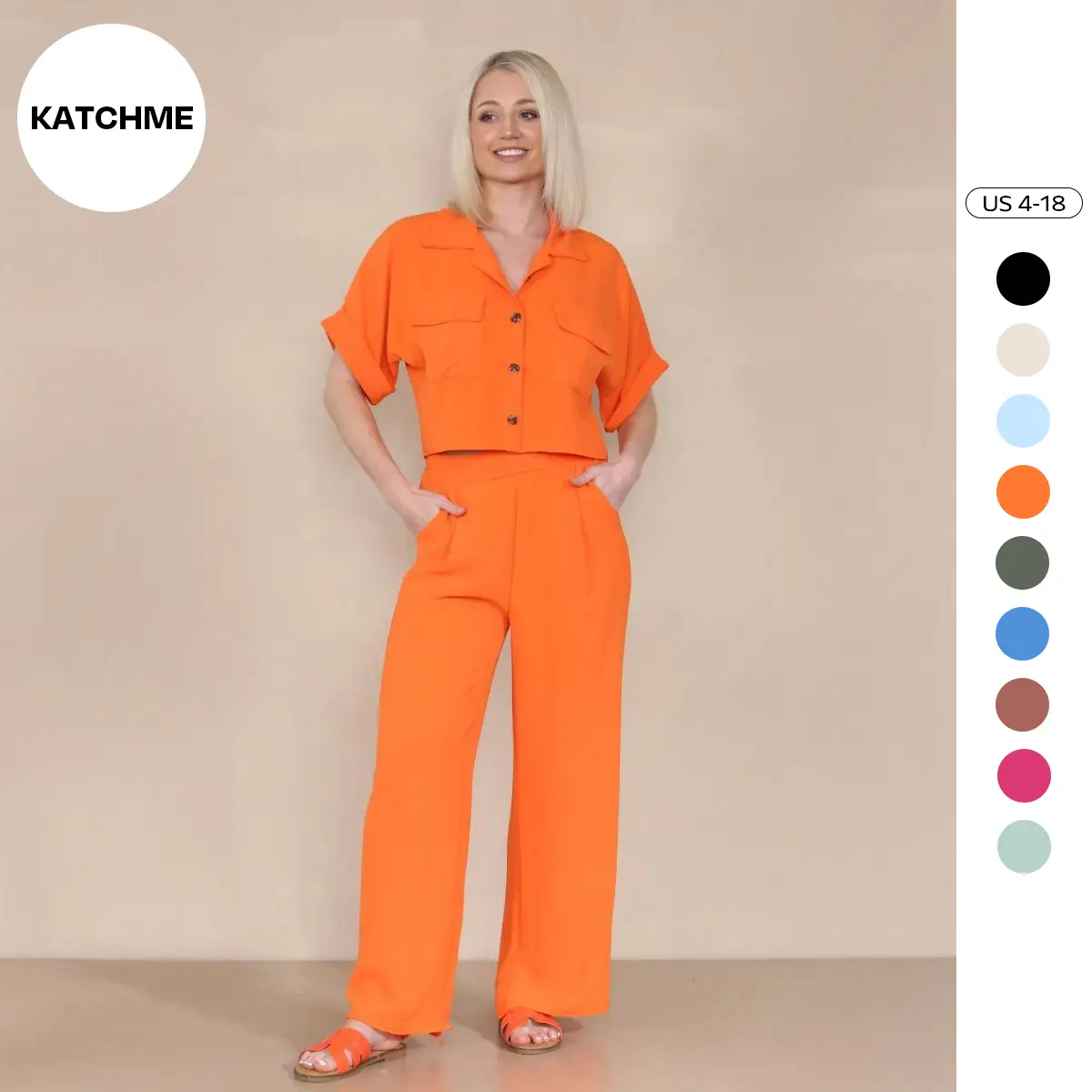 KatchMe Women's Casual Button Front Flap Pocket Blouse & Wide Leg Trousers Co-ord, Crop Short Sleeve Shirt & High Waist Pants Two-Piece Set