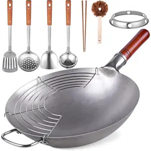 Traditional Hand Hammered Carbon Steel Wok - 13.4" Round Bottom Chinese Wok Pan Set with 8 Pcs Cookware Accessories