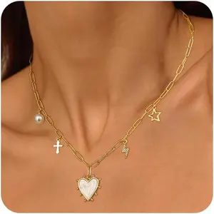 NECOCY Dainty Paper Clip Multi-element Heart Necklace for Women Trendy Hyposensitive Chain Jewelry Gift for Fashion