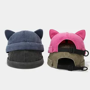 Fashion Washed Old Cat Ears Hat Solid Color Cotton Adjustable Breathable Brimless Hat Docker Cap for Women Men