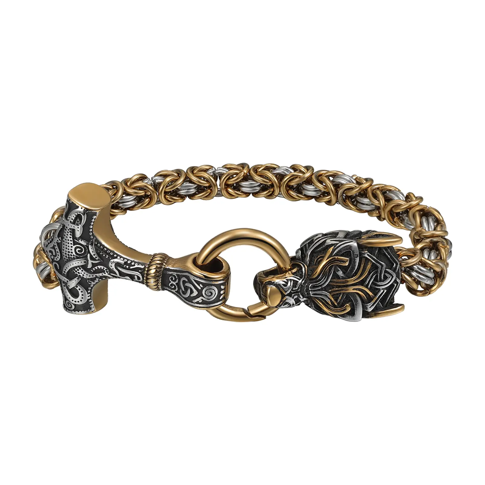 OIDEA Men's Viking Cuff Bracelet - Stainless Steel Norse Mythology Jewelry with Mjolnir, Wolf Head, Byzantine Chain, Polished Finish, Men's Accessories for Daily Wear, Gift for Boyfriend, Bracelets, Scratchproof, Collectibles, Birthday, Chain Jewelry Brac