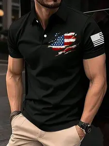 Men's American Flag Print Polo Shirt, Regular Fit Casual Short Sleeve Half Button Fitted Casual Collared Top for Summer, Fashion Men's Clothes for Daily Wear