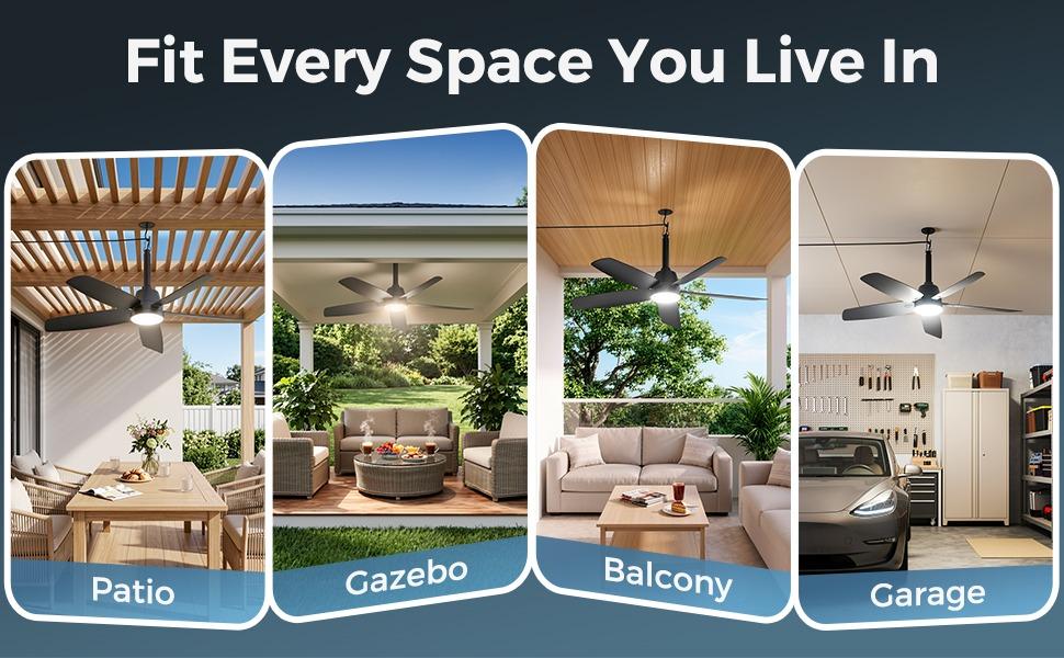36 In Modern Plug-in Ceiling Fan with Round Blades, Dimmable LEDs, Remote Control, 6 Speeds, Reversible DC Motor, IP65 Waterproof Black Fan for Patios, Decks (Indoor-Outdoor Use for Outdoor Users), Ceiling Fan With Light, Abs+Pc