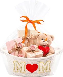 Mother’s Day Gift Basket for Mom – Empty Woven Rope Storage Basket with Handle, “M” & Heart Patch DIY Organizer Bag for Women, Birthday & Mother’s Day Gift Basket for Mom