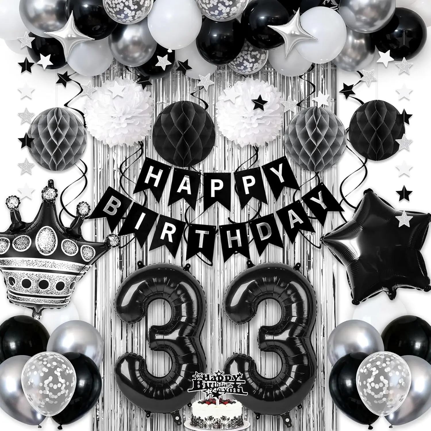 33rd Birthday Party Decorations Black & Silver Arch Kit, Happy Birthday Banner, Pom Poms