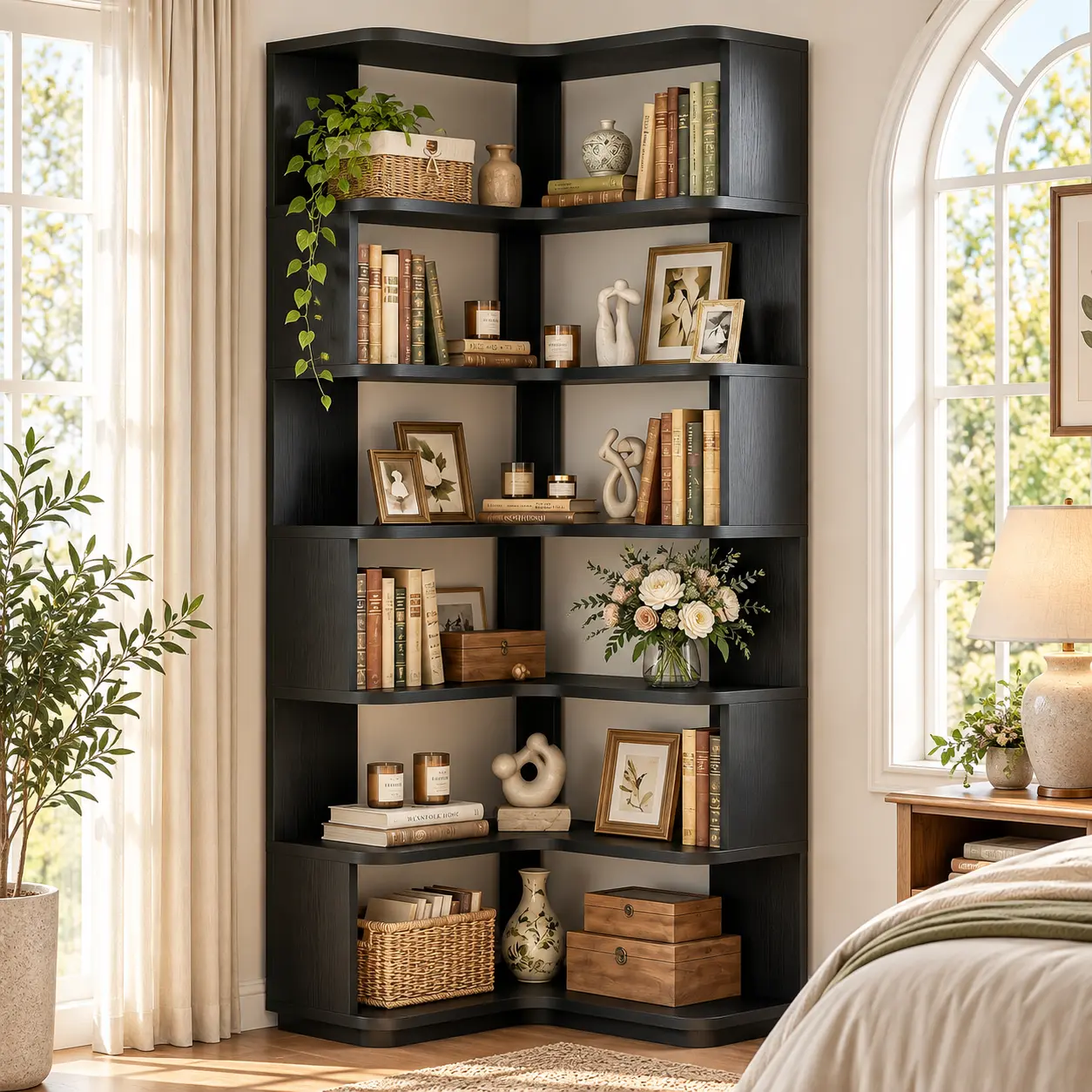 Modern Corner Bookshelf - Freestanding L-Shaped Corner Shelf with Rounded Edges & Anti-Tip Kit, Space-Saving Bookcase for Living Room, Bedroom, Home Office