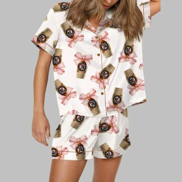 7-B Coffee Satin Pajama Set for Women, Cute Coffee Print Silky Sleepwear and Comfy Loungewear